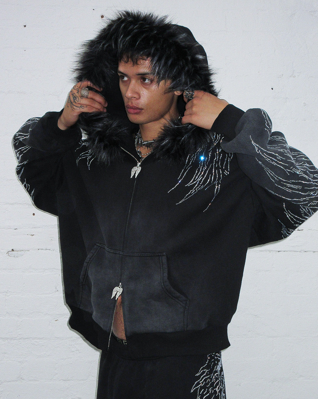 FALLEN FAUX RHINESTONE ZIP HOODIE